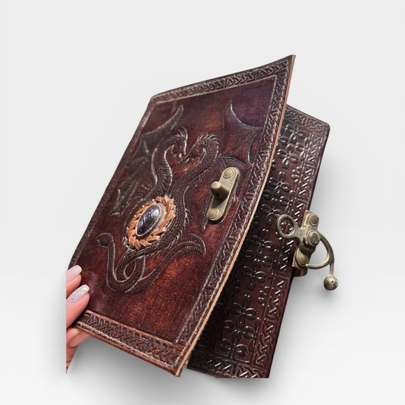 Handmade Leather Double Dragon Amethyst Stone Journal - Picture 4 of 12